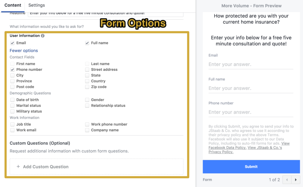 Lead Form Options